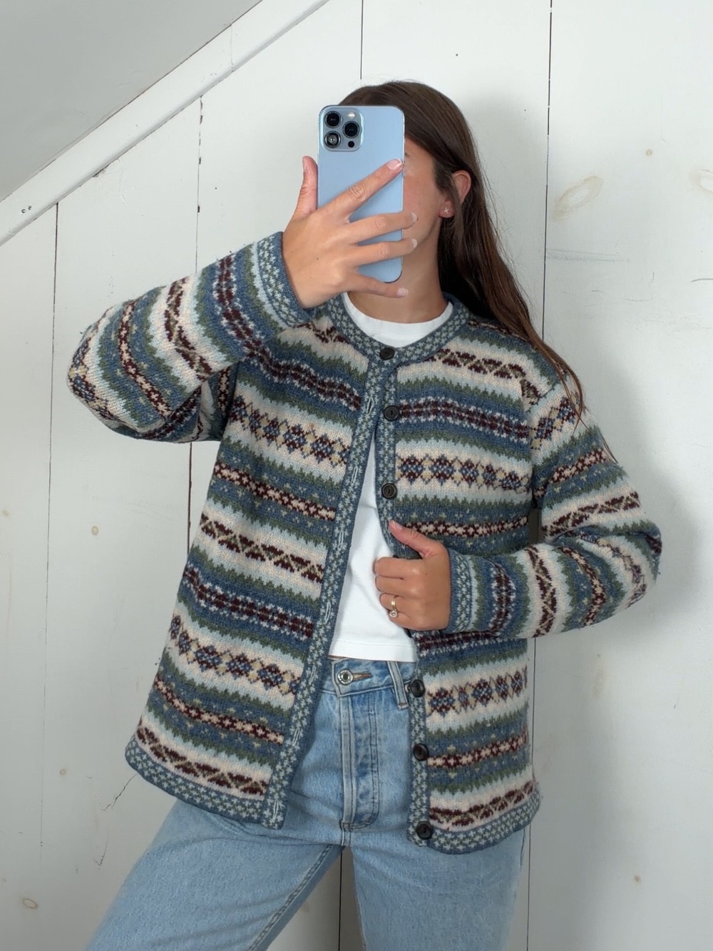 Vintage Gallagher Multicolor Fair Isle Striped Wool Cardigan Sweater Women’s L